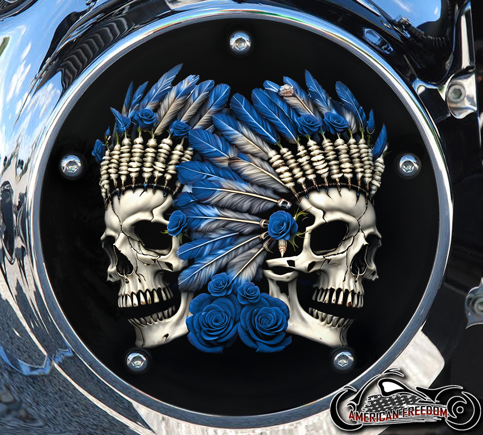Custom Derby Cover - Indian Skull Roses Blue